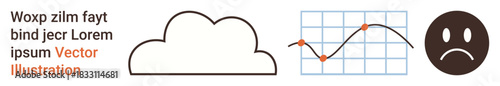 Data analysis, weather forecasts, emotional states, business trends, statistics, decision-making. Cloud icon, data graph with points sad face emoticon. Data analysis and emotional states concept