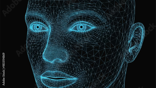 Digital Human Face with Glowing Blue Lines and Features.
