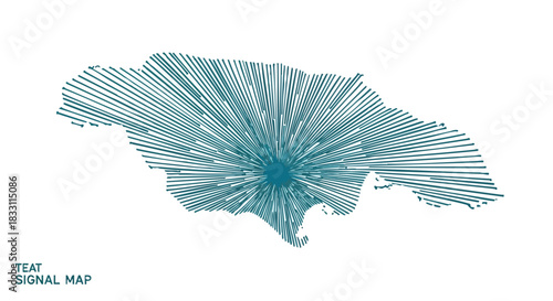 Abstract geographical outline of an island nation emanating radiating lines from a central point on a clean white background conceptualizing
