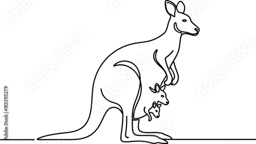 Elegant continuous line drawing of a kangaroo with joey on a white background