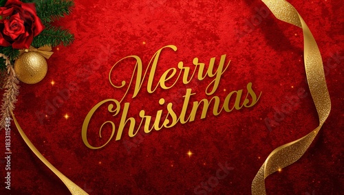 Festive Merry Christmas Greeting on a Red Background With Decorations