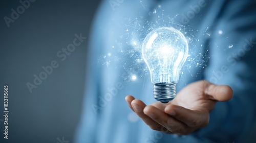 Wallpaper Mural A bright lit lightbulb with rays floating above an outstretched hand against a bluish backdrop, Torontodigital.ca