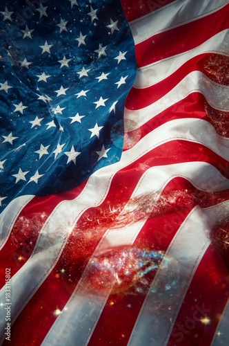 Waving Stars and Stripes of the American Flag in a Gentle Breeze at Sunset