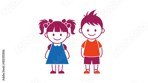 A simple and cute cartoon illustration of a young boy and girl standing together and smiling.