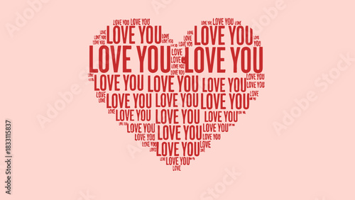 A heart shape composed of repeated "LOVE YOU" text in red on a light pink background, symbolizing affection and romance.