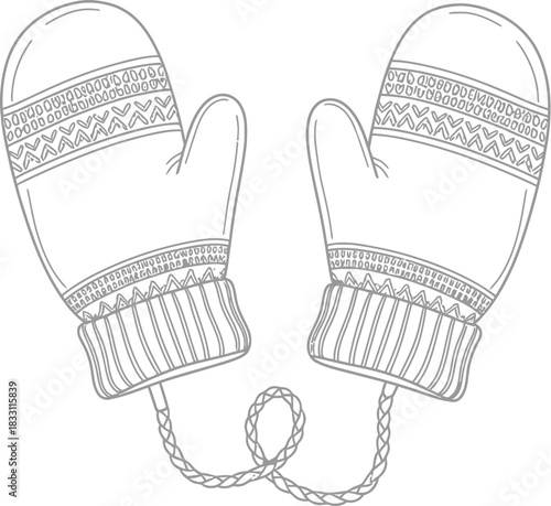 Winter mittens illustration with decorative patterns and connected by a string