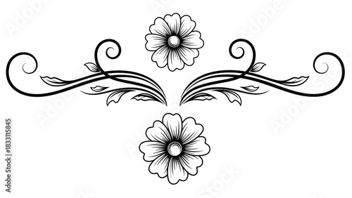 A decorative floral flourish with two stylized flowers and swirling vine elements, rendered in black and white.