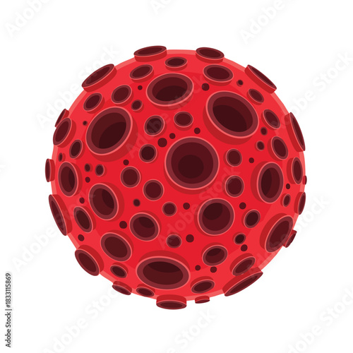 Abstract red planet with multiple circular craters creating an alien surface design for scientific illustration or artistic representation
