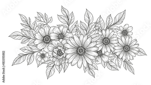 Detailed monochrome illustration of a floral arrangement featuring daisies and leaves, showcasing intricate line work and shading.