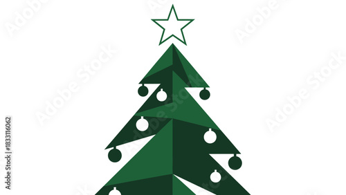 A stylized, geometric green Christmas tree adorned with ornaments and topped with a white star.