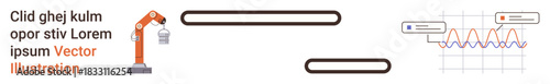 Automation, data analysis, technology integration, industrial systems, futuristic design, robotics. Robotic arm alongside graphical data and text elements. Automation and data analysis effectively