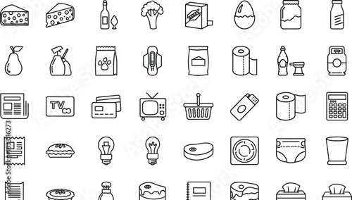 Household and grocery line icons collection showing daily essentials, food items, cleaning supplies, consumer products, shopping elements, and home lifestyle symbols