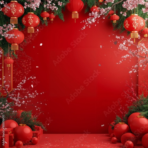 Bright Red Lanterns and Flowers Create a Festive Atmosphere for Celebration in a Lively Setting
