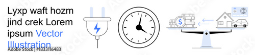 Energy efficiency, financial management, time optimization, resource allocation, energy costs, saving strategies. Plug with lightning symbol, clock scales balancing money and home. Energy efficiency
