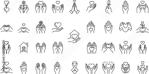 Love, care and charity support line icons set showing giving hands, heart symbols, hope, awareness, kindness, compassion and humanitarian help concepts