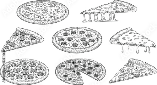 Black and white hand drawn pizza illustration set featuring whole pizzas, slices, melted cheese, detailed sketch style Italian food collection artwork.