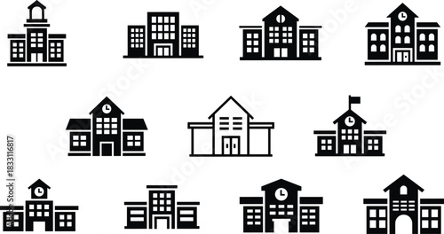 Collection of diverse school building icons in silhouette style