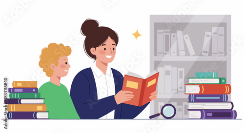 Happy teacher reads a storybook to an attentive young student in a library setting, emphasizing education and knowledge sharing.