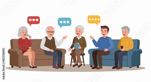 Multigenerational Group Discussion Illustration. People sitting on couches sharing thoughts and emotions in a casual meeting setting with speech bubbles.