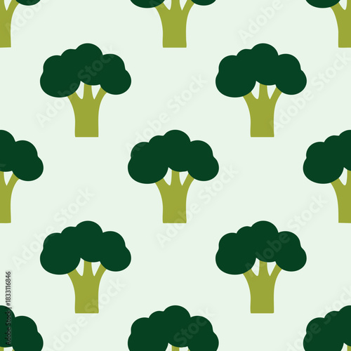 Repeating pattern of stylized broccoli florets against a pale green background a healthy food graphic design element