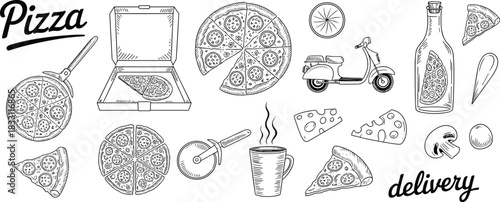Black and white sketch illustration set of pizza, delivery scooter, food items, drinks, coffee, kitchen tools, takeaway meal elements collection.