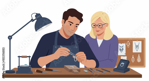Professional Jeweler Crafting Jewelry Observed by a Female Client Illustration
