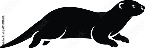 Black silhouette of a playful otter on a white background