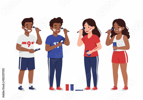 Diverse group of young friends applying red, white, and blue face paint, demonstrating team spirit and national pride for a sporting event.