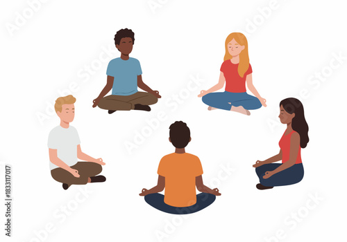 Diverse Group of People Meditating in Lotus Position. Vector Illustration of Adults Practicing Mindfulness, Yoga, and Wellness Together.