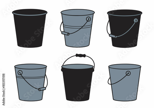 Set of six vector buckets in black and blue-grey, including utility and cleaning containers with various handle designs, isolated on white.
