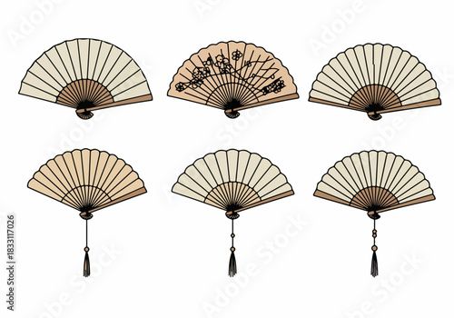 Vector illustration set of six traditional Japanese and Chinese folding hand fans in beige and brown colors with tassels.