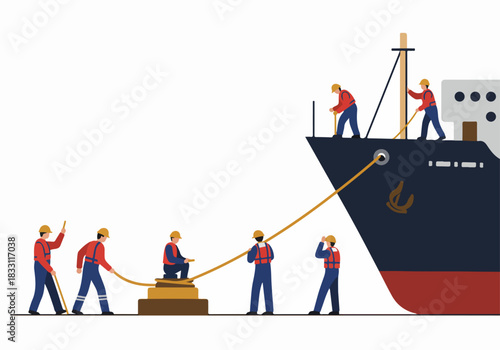 Dock workers mooring a large cargo ship to a bollard in a port, illustrating maritime logistics and harbor operations.