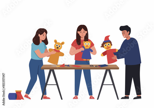 Group of friends creating and playing with colorful hand puppets, enjoying a creative crafting workshop activity.