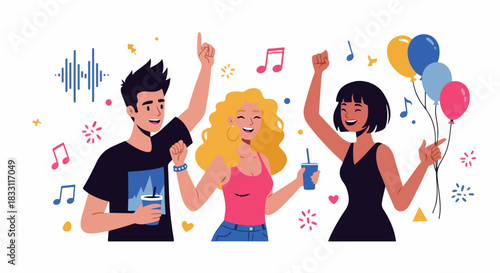 Happy young friends dancing and cheering at a party, surrounded by music notes, balloons, and festive graphic elements.