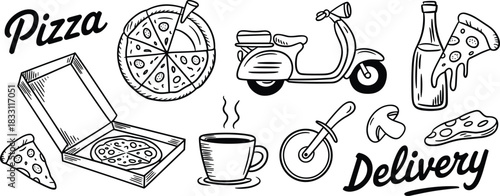 Black and white sketch illustration set of pizza, delivery scooter, food items, drinks, coffee, kitchen tools, takeaway meal elements collection.