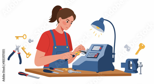 Female Locksmith Cutting Keys on a Duplication Machine, Representing Professional Craftsmanship and Small Business Services.