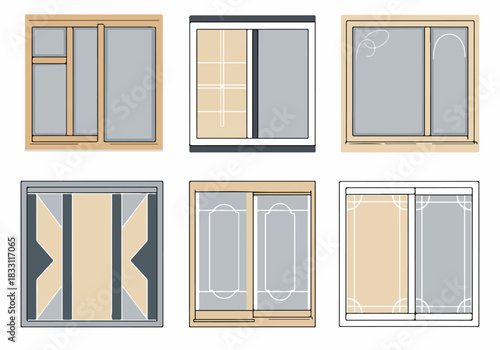 Collection of various sliding window and door designs featuring different frame styles, grids, and decorative patterns.