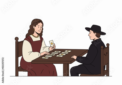 Historical illustration of a fortune teller reading oracle cards for a mysterious gentleman at a wooden table.