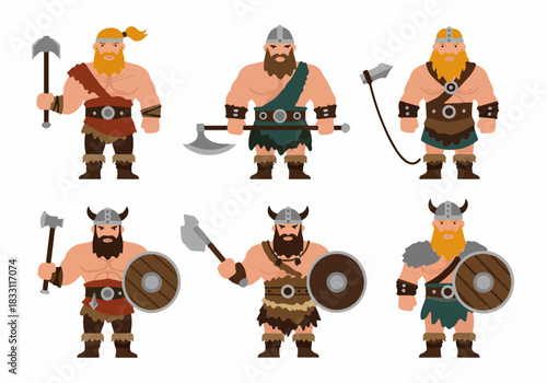 Six cartoon Viking warrior characters with beards and helmets, holding various historical weapons like axes and shields, isolated on a white background.