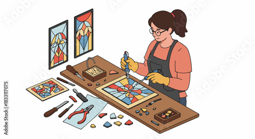 Female artisan soldering a colorful stained glass window panel on her workbench, surrounded by tools and materials, depicting creative handicraft.