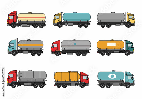 Set of nine colorful illustrated tanker trucks for liquid cargo transportation, isolated on white.