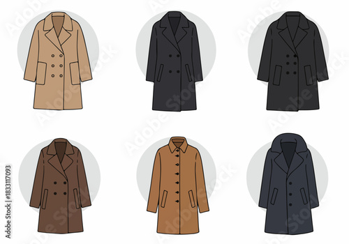 Vector set of classic overcoats and trench coats. Illustrations of stylish double-breasted and single-breasted outerwear in neutral colors like black, brown, and camel.
