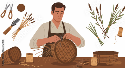 Artisan man weaving a traditional basket using reeds and natural materials, illustrating the handcraft process.