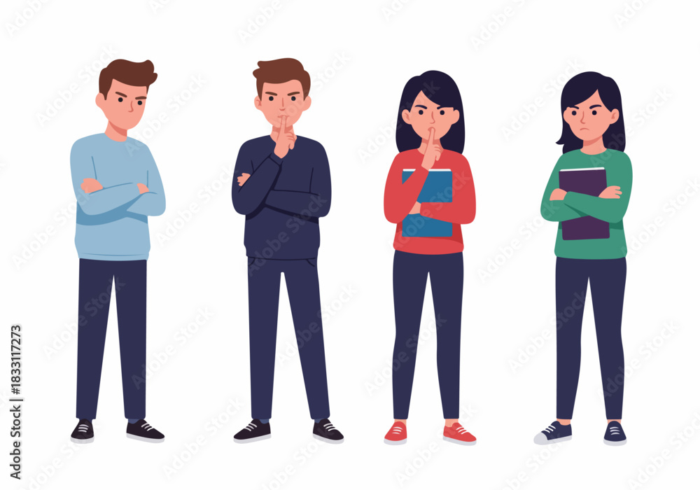 Fototapeta premium Group of four cartoon characters: two making a silence gesture (shush) and two standing with frustrated expressions and crossed arms.