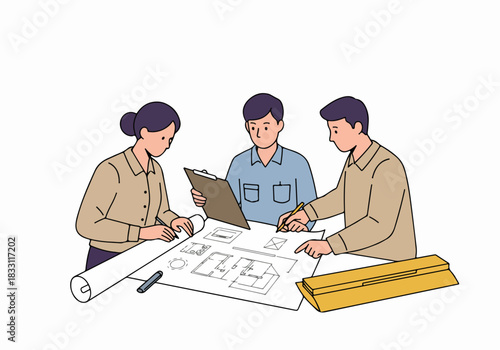 Team of architects collaborating on construction blueprints, reviewing project plans and drawing specifications.