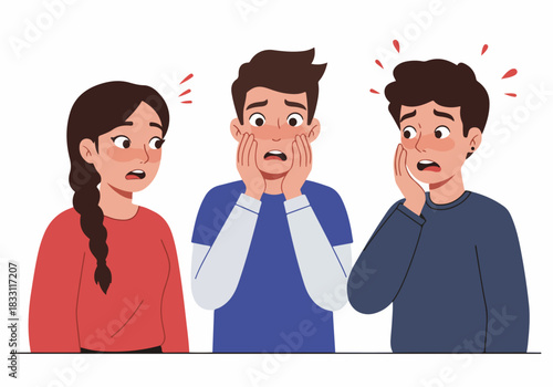 Group of Three Young People Reacting with Shock and Anxiety, Showing Extreme Surprise and Distress