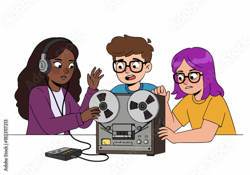 Diverse students operate a vintage reel-to-reel tape recorder for podcasting, investigation, or audio production, isolated on white.