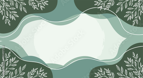 Elegant botanical abstract border design with organic flowing shapes and delicate leaf motifs on a muted green background for versatile graphic