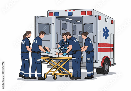 Emergency medical team and paramedics loading a patient strapped to a gurney into the open rear of an ambulance vehicle.