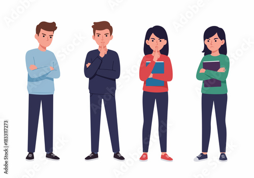 Group of four cartoon characters: two making a silence gesture (shush) and two standing with frustrated expressions and crossed arms.